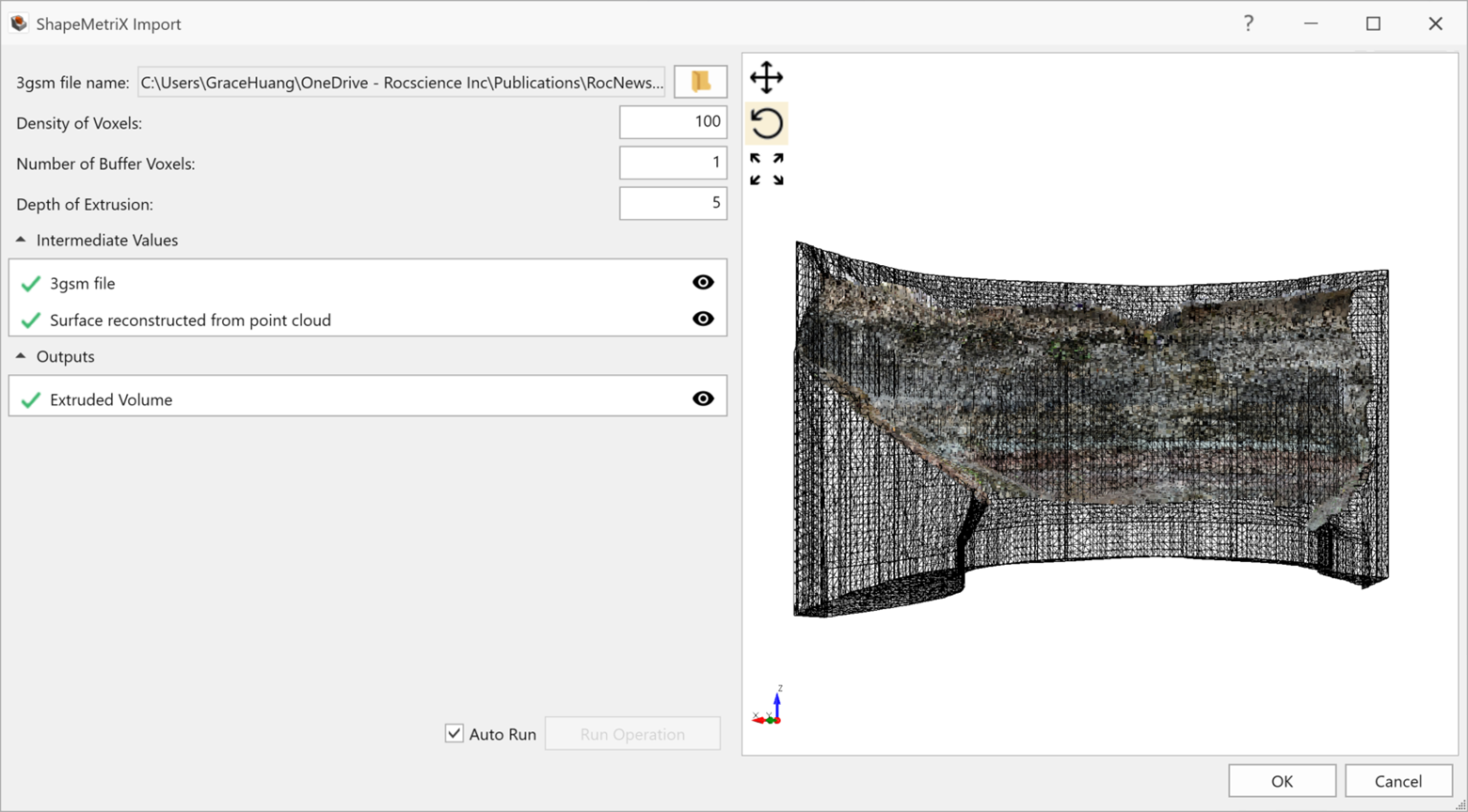 Figure 7. RocSlope3 feature for ShapeMetriX Import; automatic 3D slope volume generation using the ShapeMetriX-constructed slope surface.