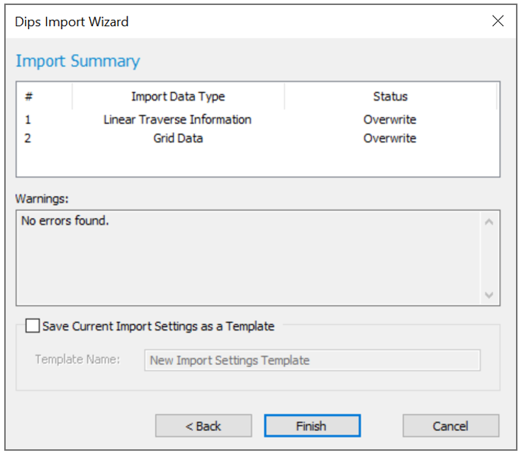Dips: Dips Import Wizard dialog (Import Summary)