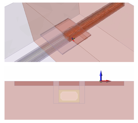 Figure 1: FEM model screenshot (Note, on cross sectional view, the culvert is shown as yellow and the dark orange rectangle layer above representing granular platform overlaid across the entire site)