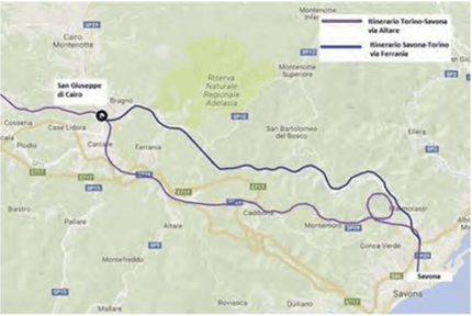 Railway line Savona-San Giuseppe Cairo (Via Altare in purple, Via Ferrania in blue).