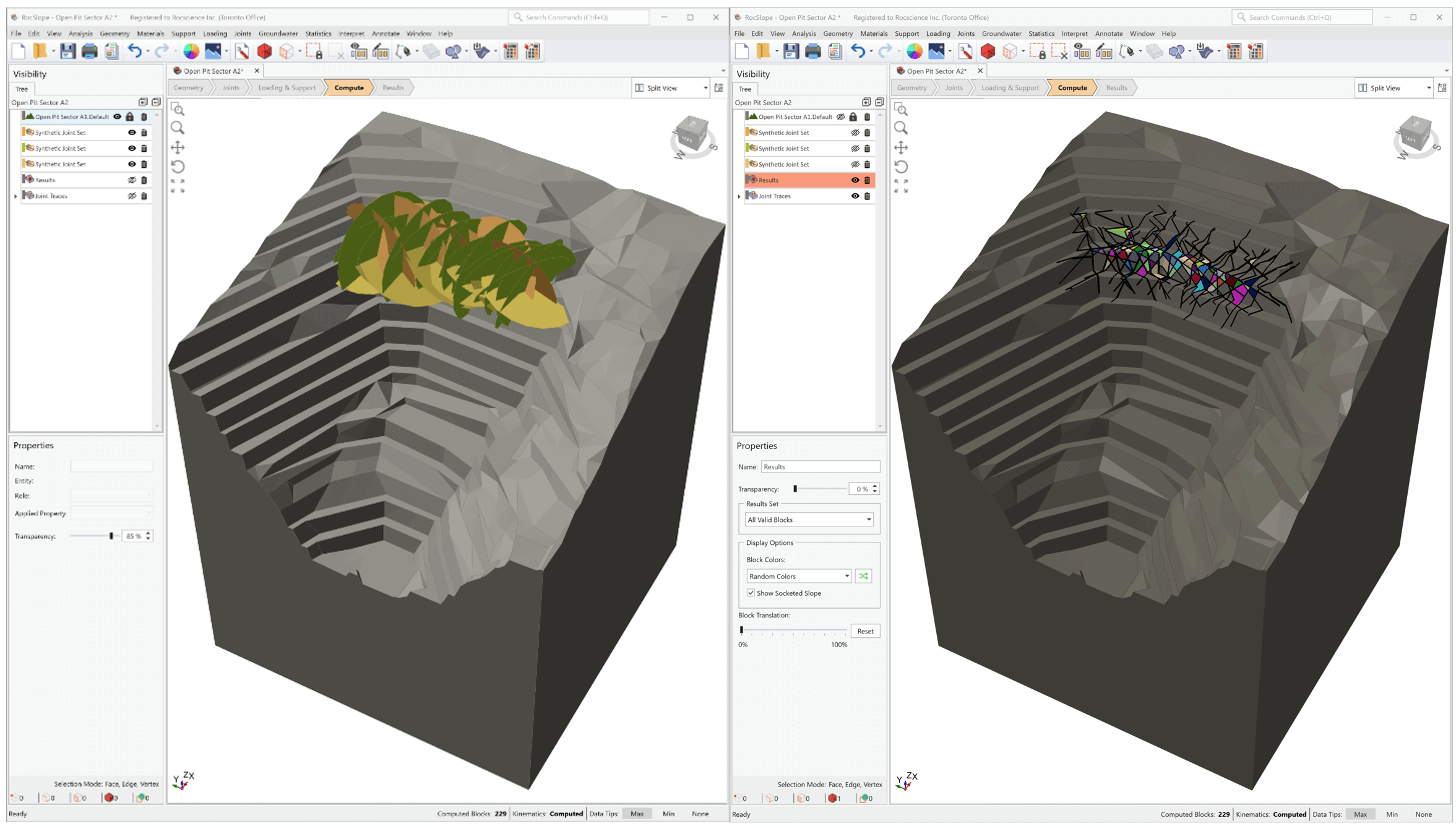 RocSlope3 with three Synthetic Joint Sets and resulting blocks with joint trace overlay