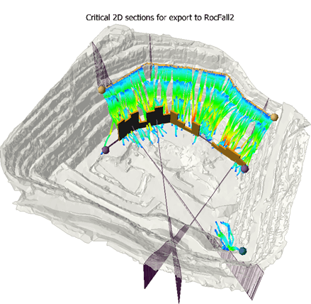 Define critical slope sections using 3D barrier analysis and rock trajectories; 3D barrier plot showing the translational kinetic energy distributed along the barrier/collector at a user-defined 95th percentile.