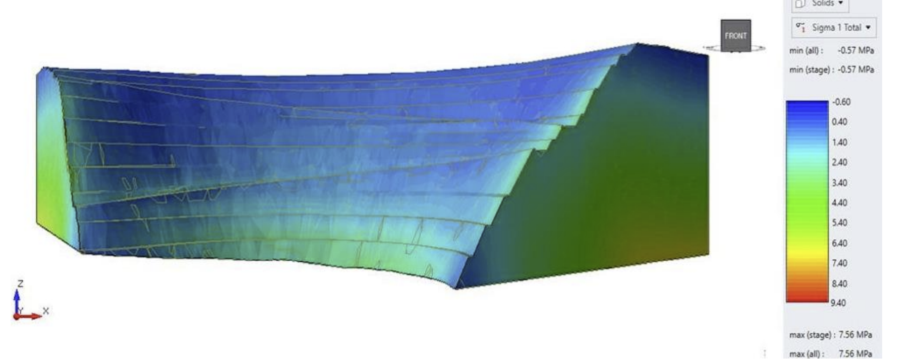 The image shows maximum principal stress within the north wall