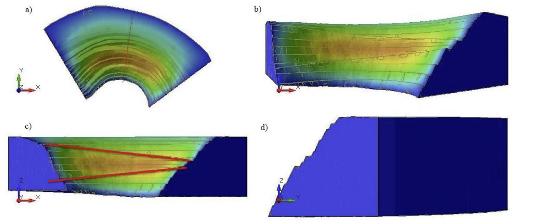 The image shows top view, isometric view, front view and side view of the total calculated displacement of the north wall.