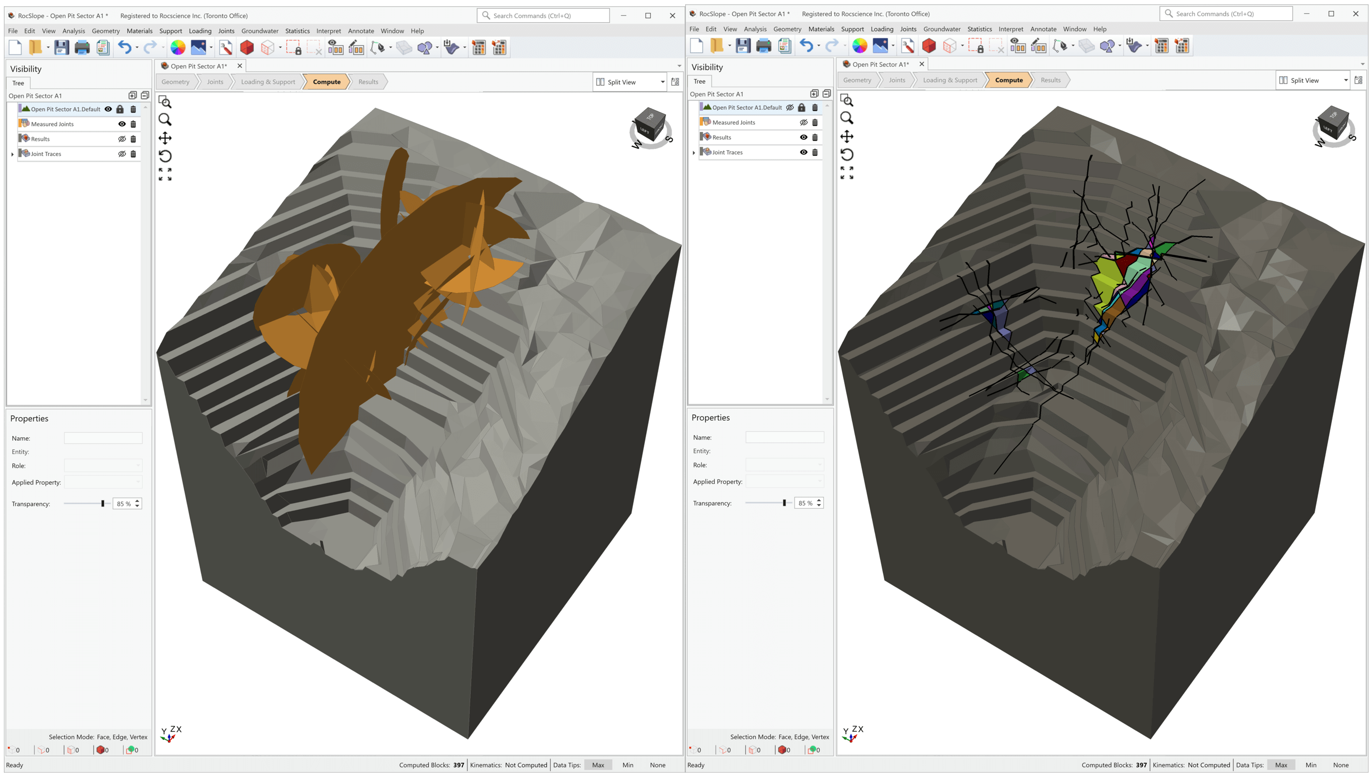 RocSlope3 with Measured Joints and resulting blocks with joint trace overlay