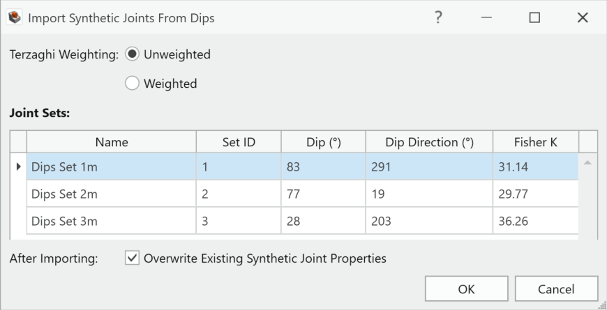 Import Synthetic Joints From Dips dialog