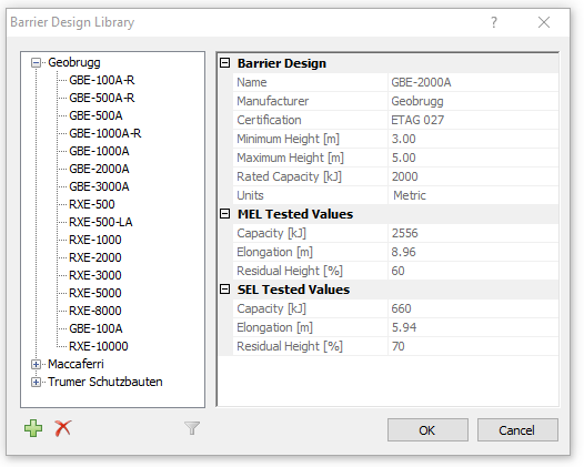 The image shows the Barrier Design Library dialog in RocFall2
