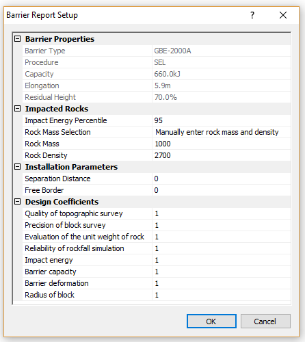 The image shows the barrier properties dialog in RocFall2