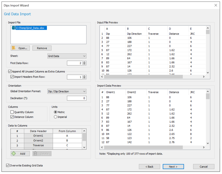 Dips: Dips Import Wizard dialog (Grid Data Import)