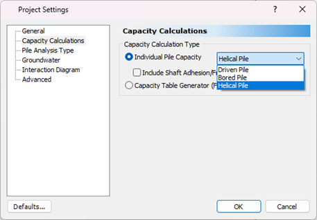 Figure 1. The Helical Pile option in Project Settings.