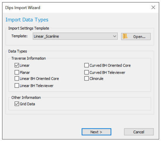 Dips: Dips Import Wizard dialog (Import Data Types)