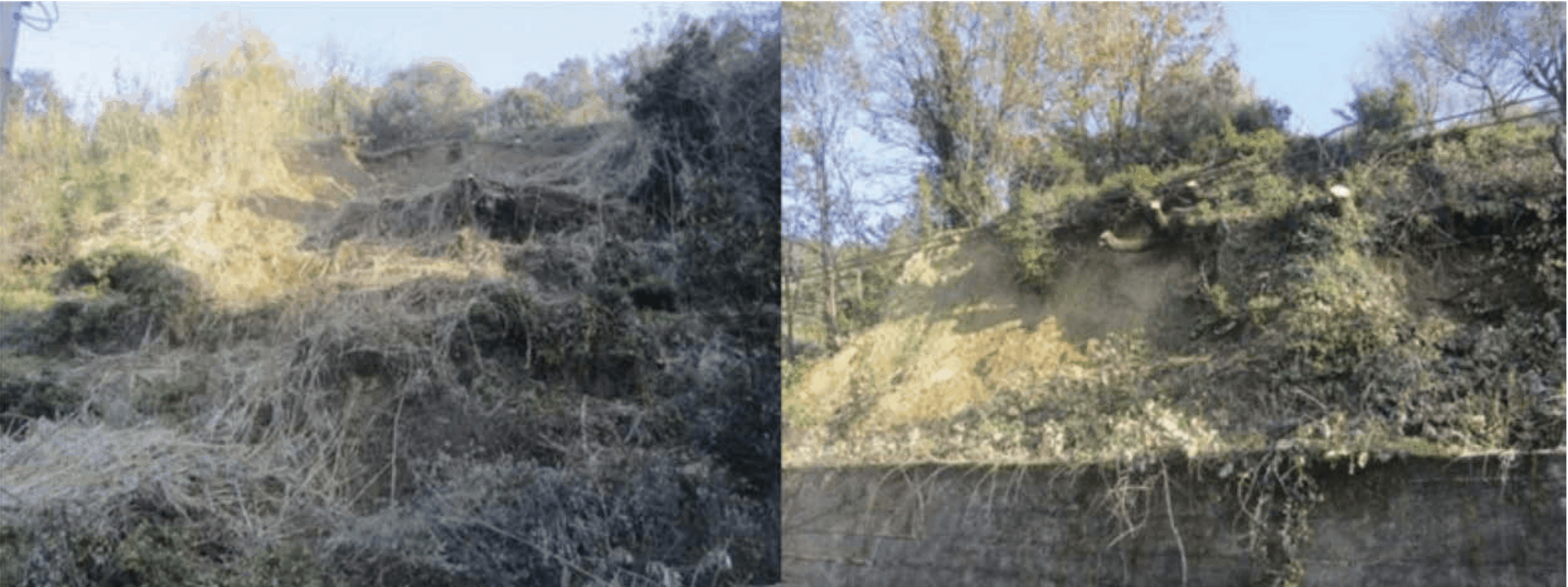 Landslide from ch. 2+070 to 2+130 (Via Ferrania) (left) and landslide from ch. 2+220 to ch. 2+330 (right).