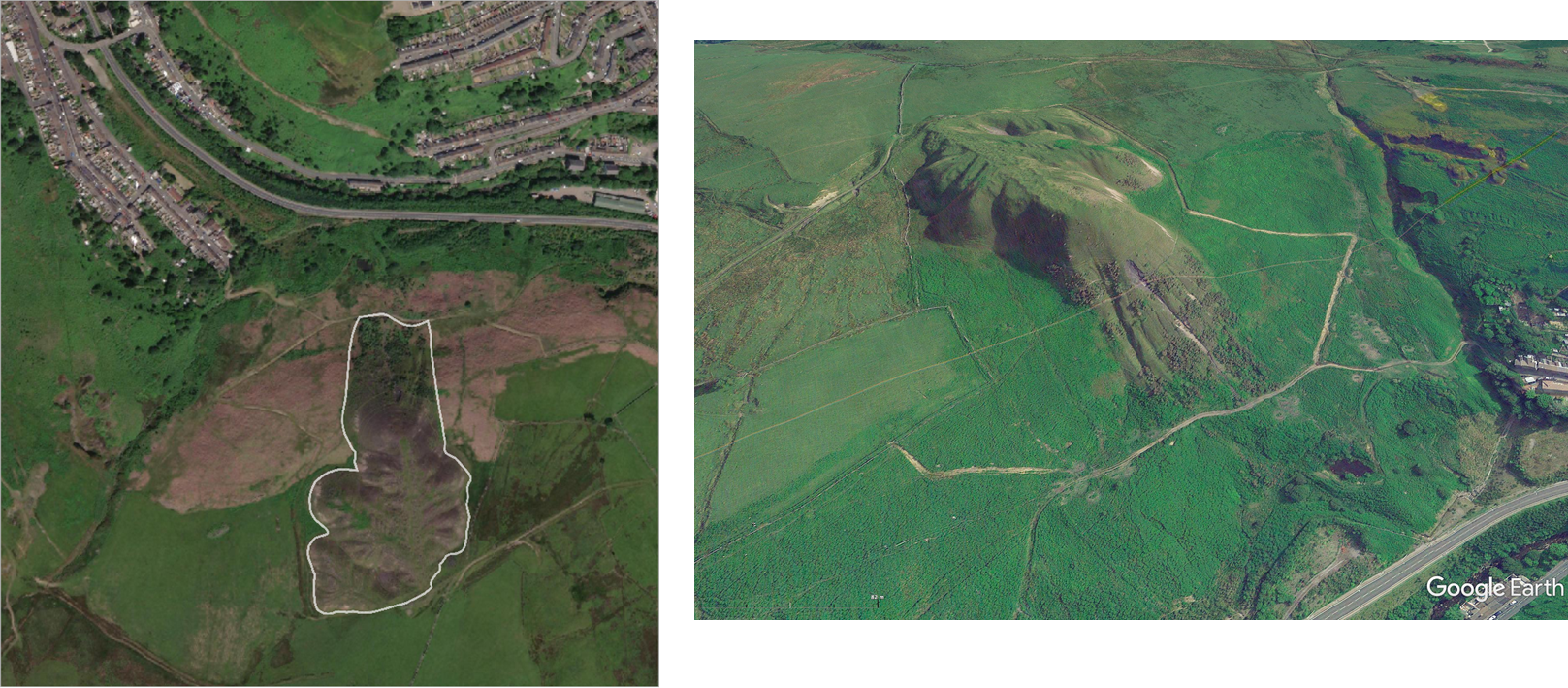 Left: Figure 1(a): Location of the Wattstown Standard Tip; Right: Figure 1(b): Image of the Wattstown Standard Tip from Google Earth, dated July 2013.