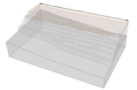 Figure 3. External geometry of the 3D finite-element model built in RS3 (~552 m extent), capturing the full wedge failure zone.
