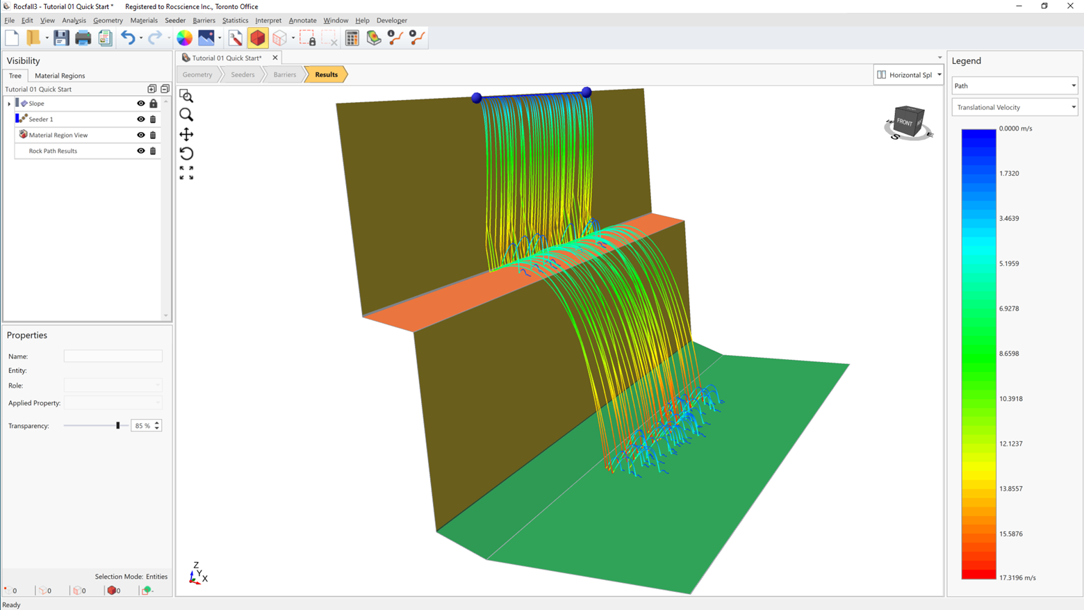 The image shows RocFall3 model imported from RocFall2