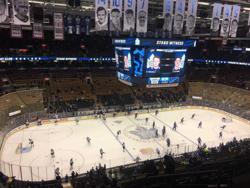 The image shows a live Toronto Maple Leaf ice hockey game taking place in Scotiabank Arena