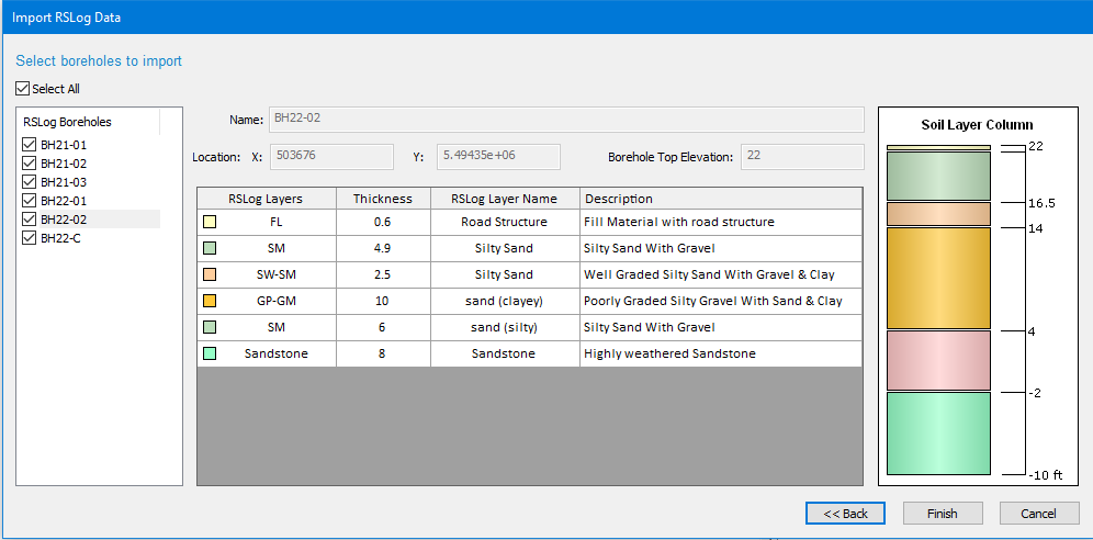 Import borehole data from RSLog directly into Settle3 which can be used to quickly define your soil layers and material properties, without manually inputting data. You can also import field test data (e.g. SPT blow counts) directly from RSLog into your Settle 3 project.
