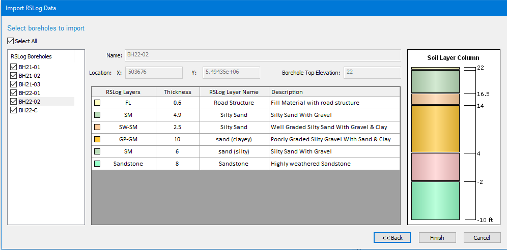 UI dialog showing field test data (e.g. SPT blow counts) being added for settlement analysis