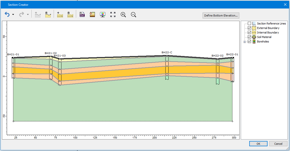 Imported boreholes shown in the Section Creator