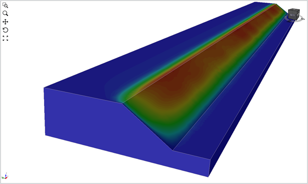 Figure 2: Contours of total displacement for a ‘long’ slope with fixed end conditions. The SSR factor of safety was 1.57.