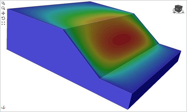 Figure 4: Contours of total displacement for a slope that is one-eighth the length of the ‘long’ slope with fixed end conditions. The SSR factor of safety was 1.6.