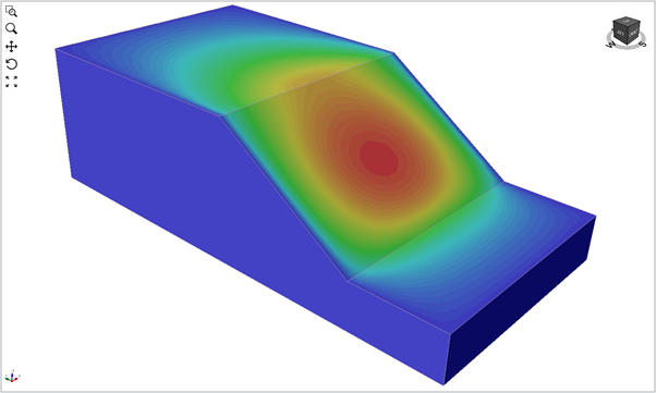 Figure 5: Contours of total displacement for a slope that is one-sixteenth the length of the ‘long’ slope with fixed end conditions. The SSR factor of safety was 1.65.