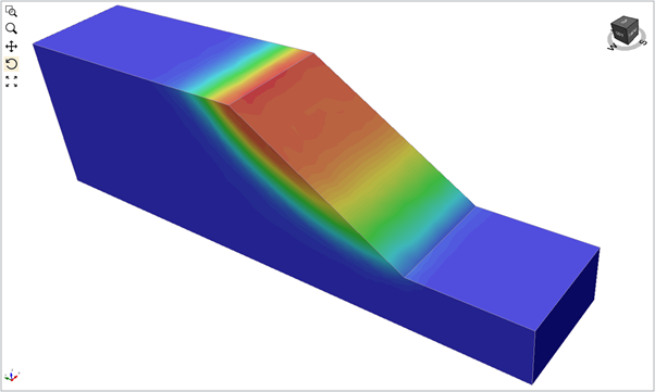 Figure 1: Contours of total displacement for a ‘thin’ slope with roller-type end conditions. The SSR factor of safety was 1.58. We kept mesh element sizes the same for all the 3D models to minimize the impact of meshing on results.