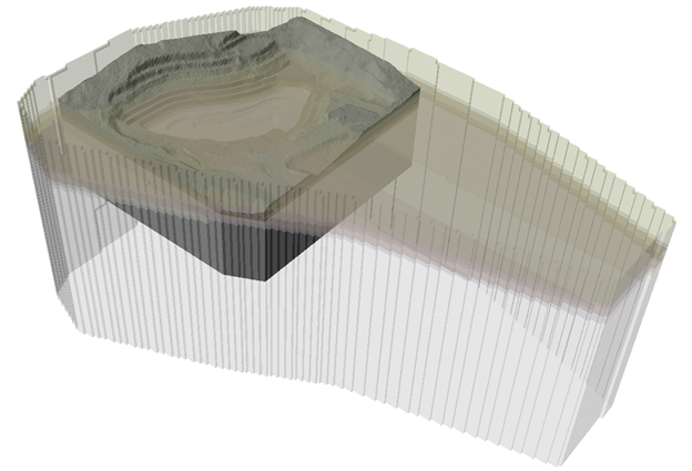 Figure 1. A representation of imported block model and open pit geometry.