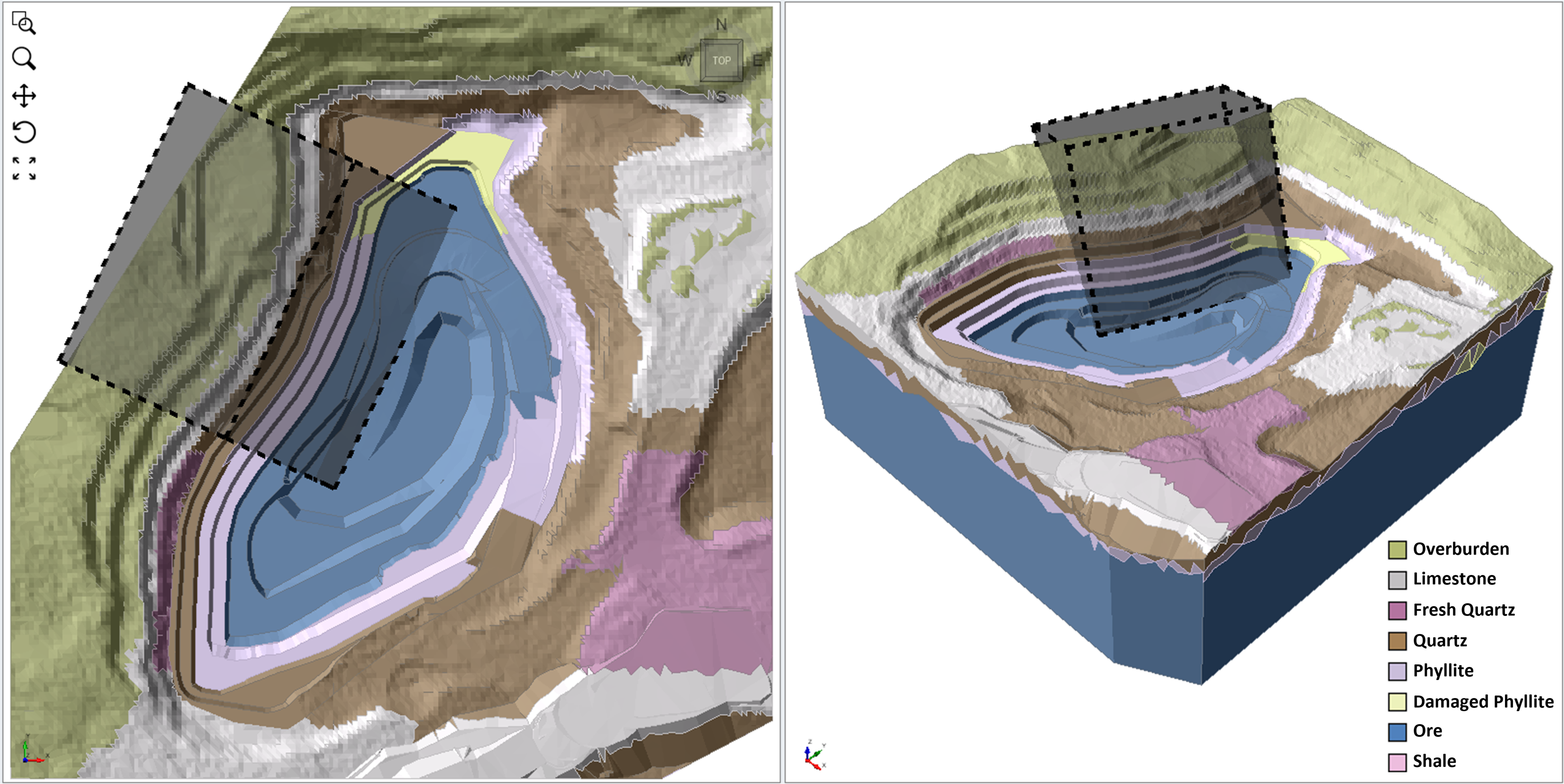 Figure 2. Auto-projection of the block model on the external, each color representing different geological units logged in the block model database.