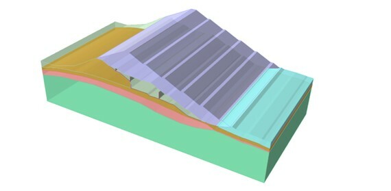 The image shows 3D model of a tailing dam with MC plastic materials