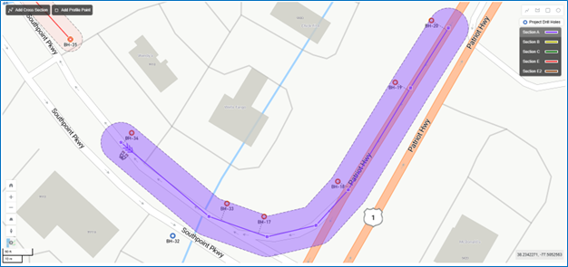 Figure 1. A cross-section line in plan view. The green area shows the adjustable buffer zone used to include nearby boreholes.