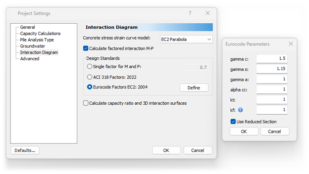 Figure 1. The Eurocode entries in RSPile interaction diagrams options in project settings.