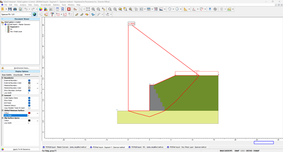 Figure 15. Non-circular failure mechanism for the overall stability of the gabion wall in Slide2.