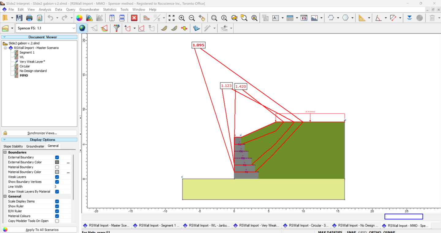 Figure 19. MMO results for the gabion wall model in Slide2.