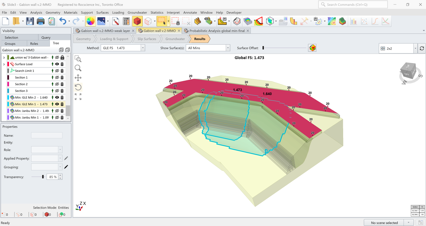 Figure 21. MMO results in the Slide3 model of the gabion wall.