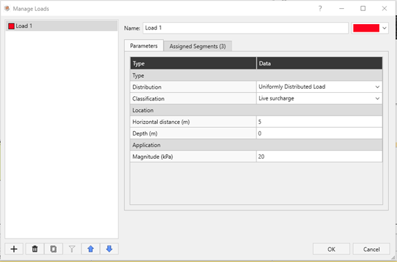 Figure 9. The Manage Loads dialog in RSWall.