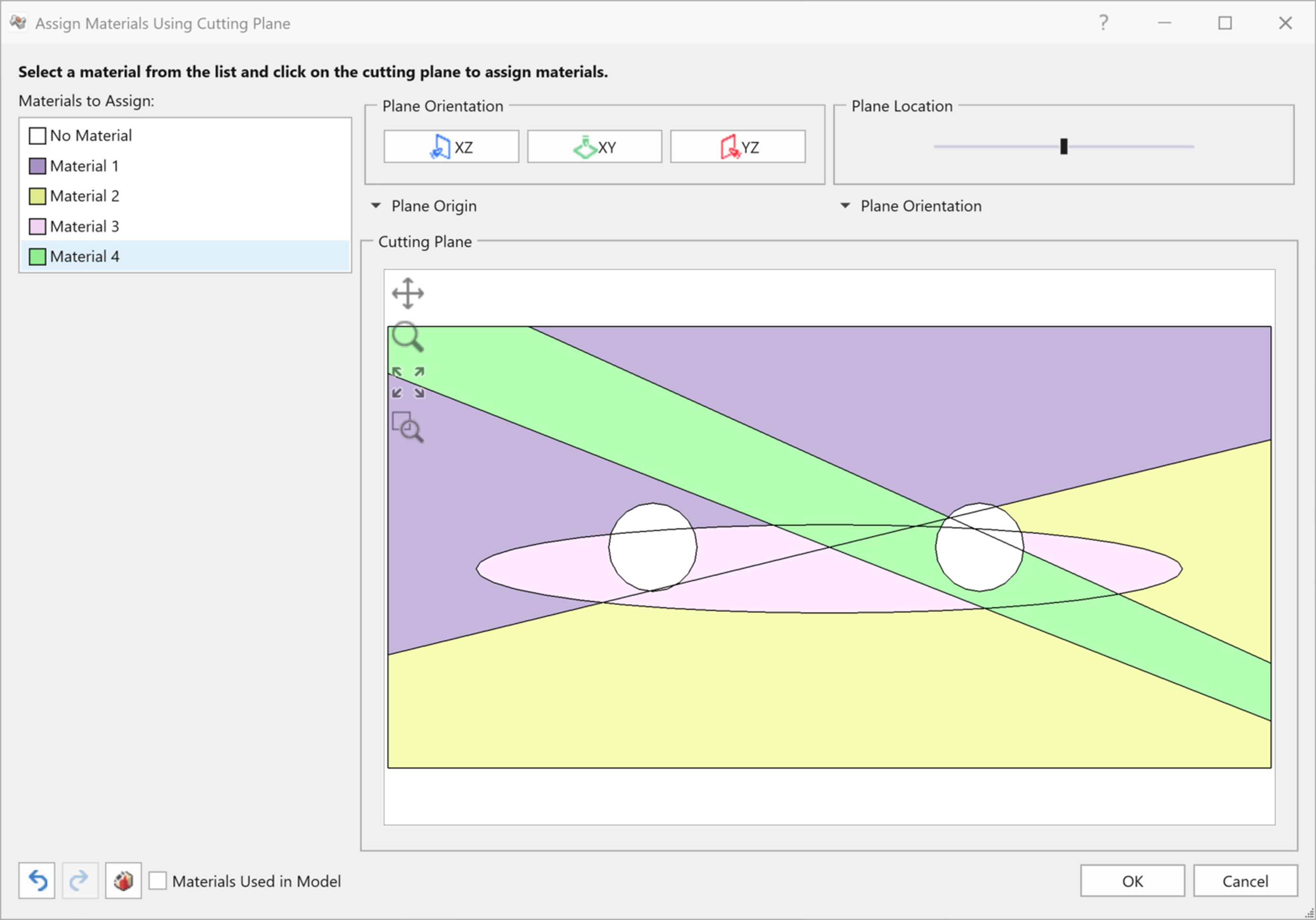 Figure 4. A view of the Assign Materials Using Cutting Plane window in RocTunnel3.