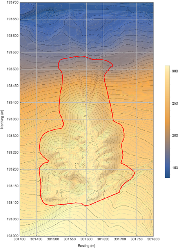 Contours of ground surface elevation derived from LiDAR terrain model data obtained from The Natural Resources Wales composite dataset. Major contour interval is 5 m, minor contour interval is 1 m.