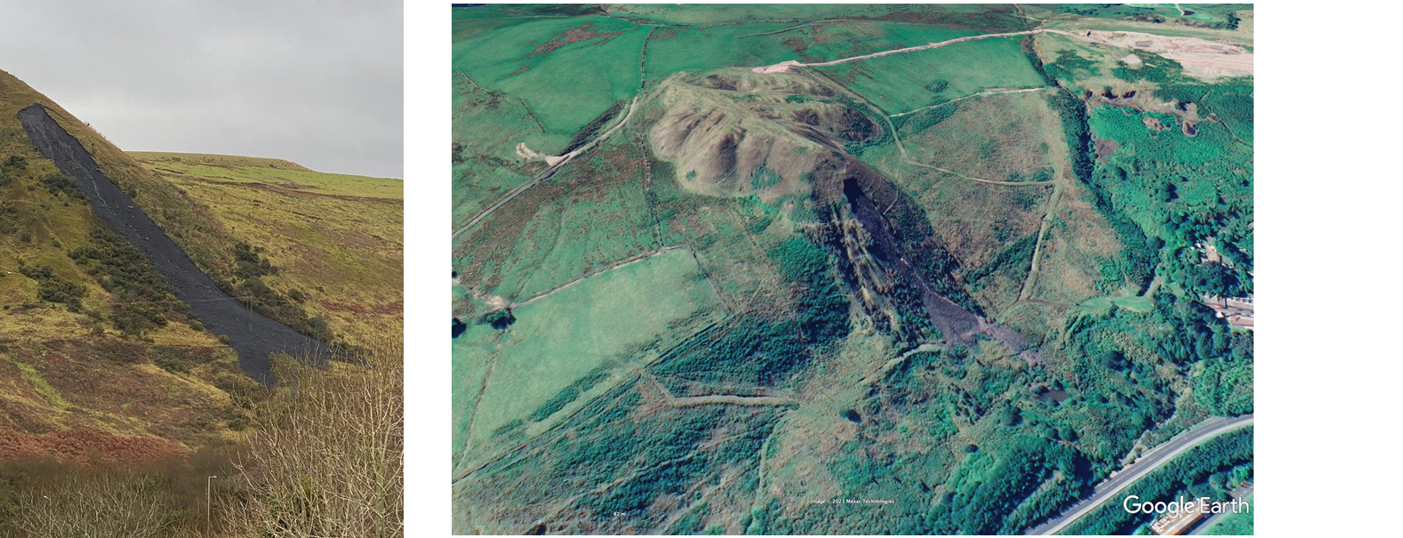 Left - Figure 5 (a): Photograph showing the landslip on 19th December 2020; Right - Figure 5(b) - Google Earth image showing the landslip in September 2021 - 9 months after the event.
