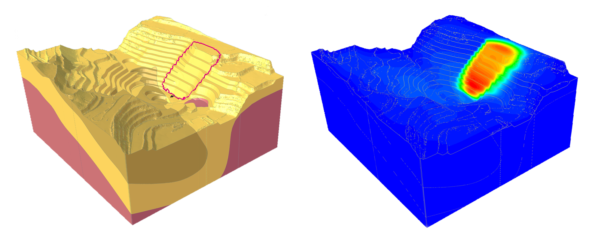 Left: Slide3 model of the open-pit mine. Right: Analysis of the open-pit mine in RS3