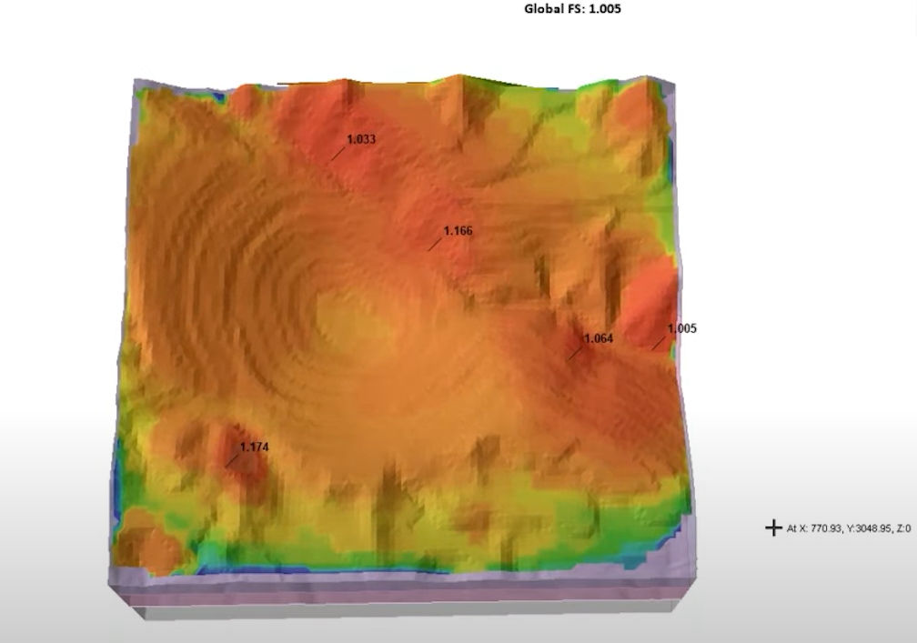 Figure 3. A model that had Intelligent Search applied; note the low value FoS areas that were thoroughly captured. “Using Intelligent Search, every slip surface is going to be there.” – Dr. Sina Javankhoshdel