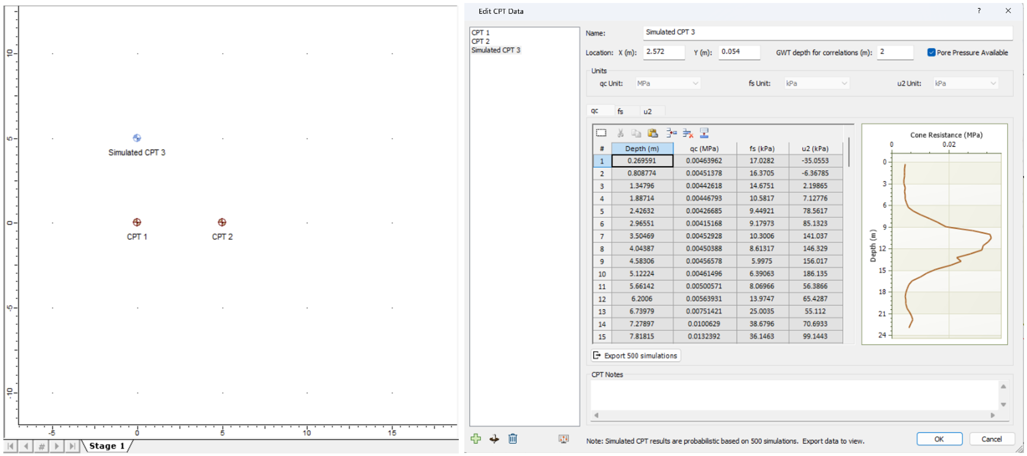 CPT datapoints and simulated CPT points in Settle3