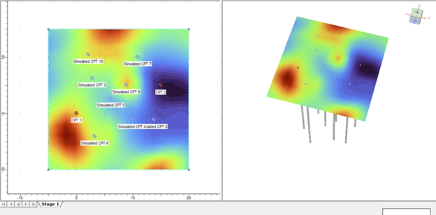 Typical deterministic example of CPT boreholes used to create the soil profile which is then used to carry out the settlement analysis in a 3D domain