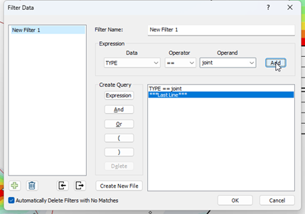 Figure 4. An example of the Filter Data dialog in Dips, where you can create any sort of logical expression to filter any subset(s) of data in a Dips file.