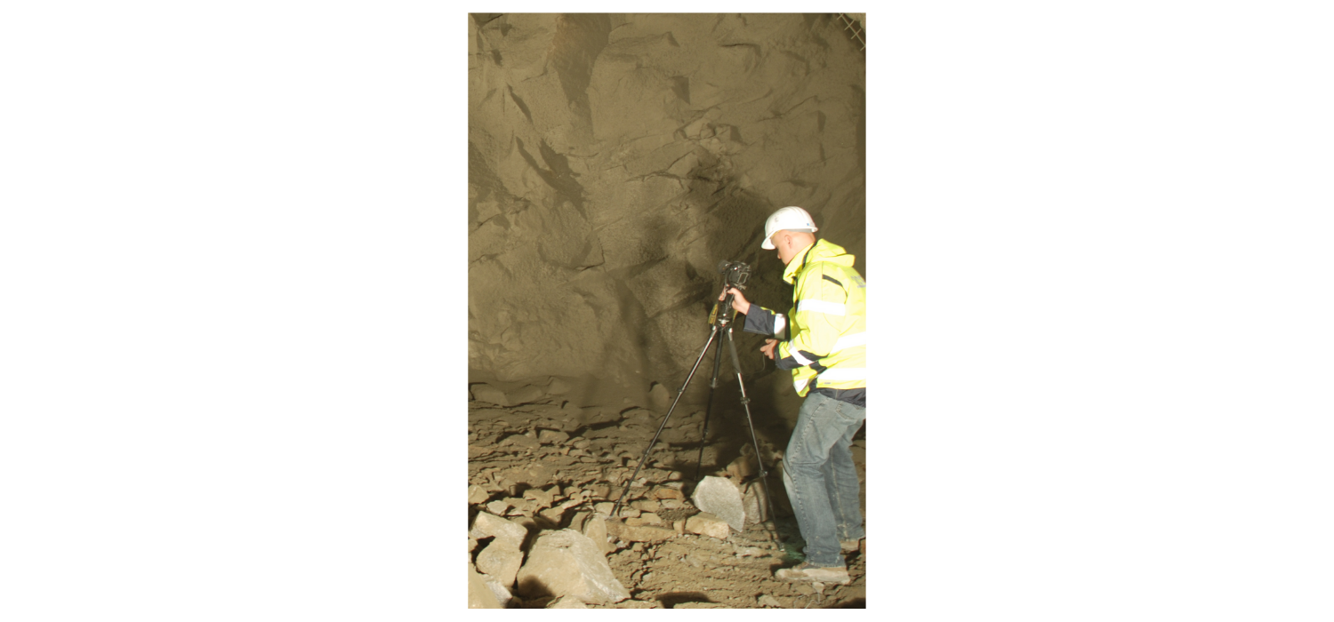 Figure 2. DLSR camera mounted on tripod for underground photogrammetry; camera has live-view display and remote trigger.