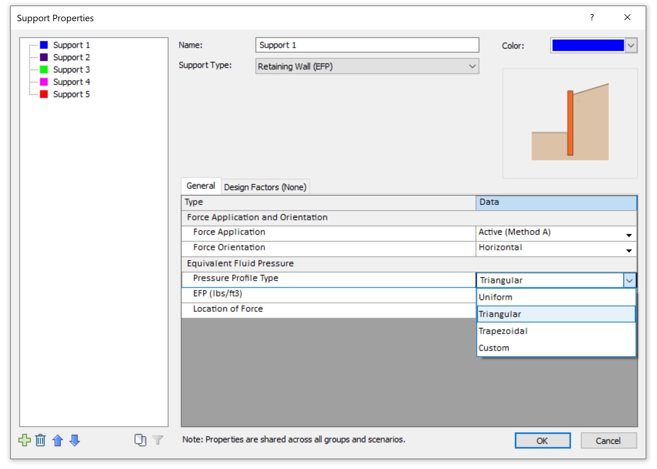 The image is showing a Slide2 dialog with Retaining Wall support type