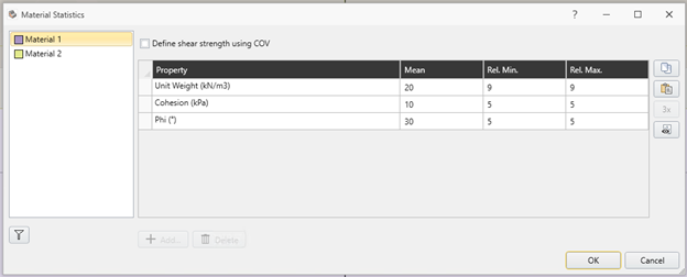 Figure 1. Material Statistics dialog for defining statistical material properties.