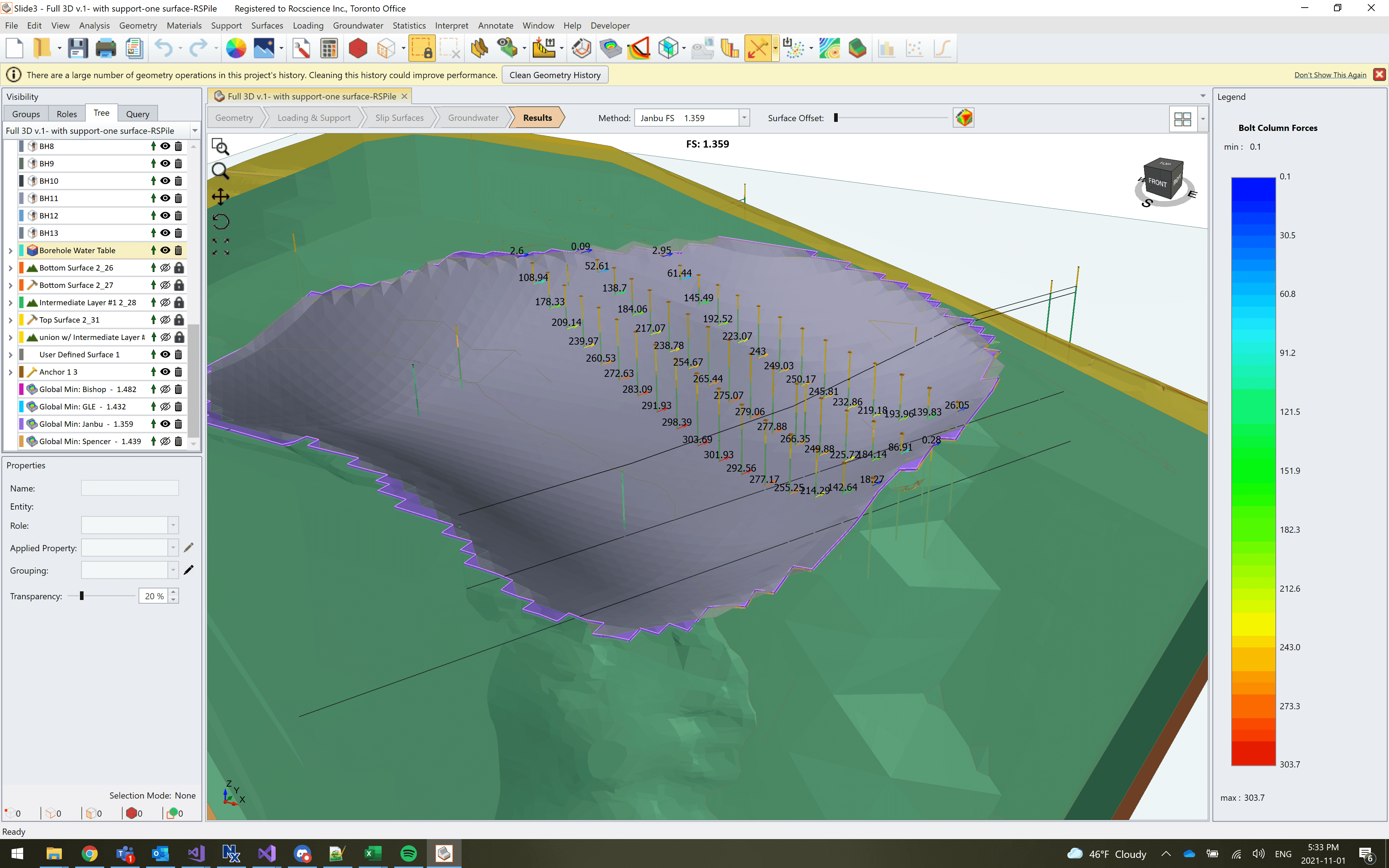 The image shows a Slide3 analysis model supported with piles