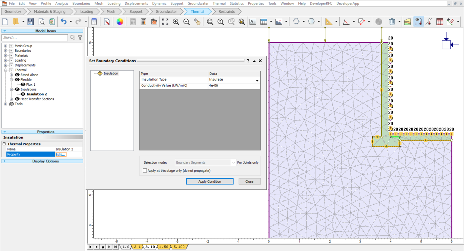 Simulate heat transfer of an insulated wall using RS2 insulation boundary condition