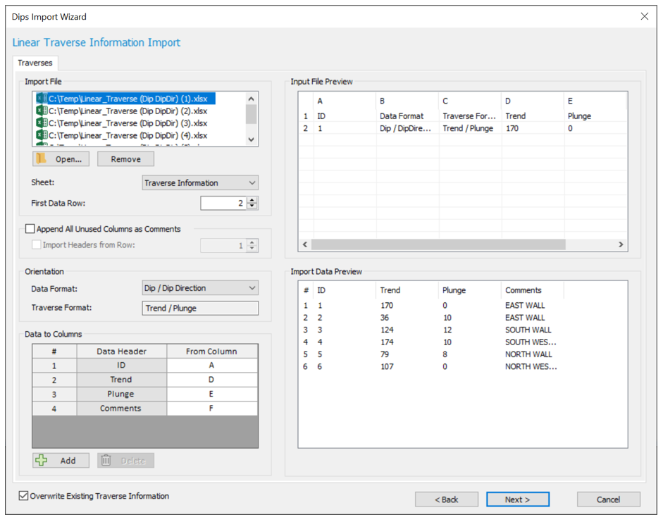 Dips: Dips Import Wizard dialog (Linear Traverse Information Import)